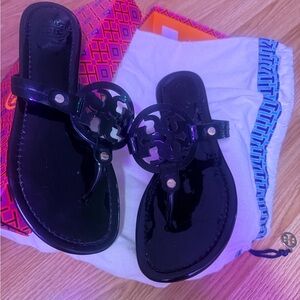 Tory Burch Black Patent Logo Thong Sandals